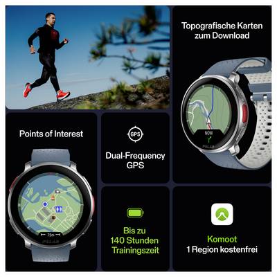 Werbeanzeige für eine Polar Smartwatch mit GPS-Navigation, topografischen Karten und bis zu 140 Stunden Trainingszeit.