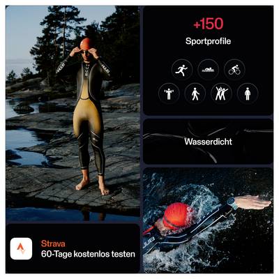 Person in Neoprenanzug, die einen Schwimmanzug am Wasser anpasst; Text: '+150 Sportprofile' und 'Wasserdicht'; App-Angebot 'Strava 60 Tage kostenlos testen'.