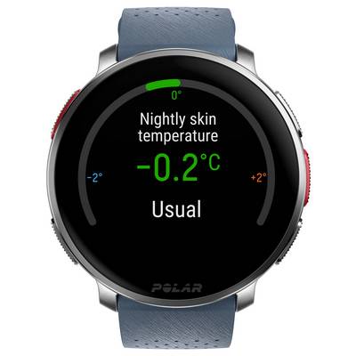 Smartwatch-Display zeigt 'Nächtliche Hauttemperatur -0,2°C', Status als 'Üblich', mit einem blauen Indikator links und einem roten rechts.