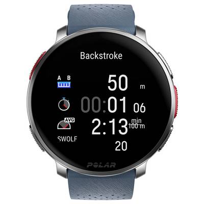 Smartwatch zeigt Schwimmdaten an: ‚Rückenschwimmen', 50m Distanz, 1:06 Dauer, 2:13 Durchschnittliche Pace pro 100m, SWOLF-Wert von 20.