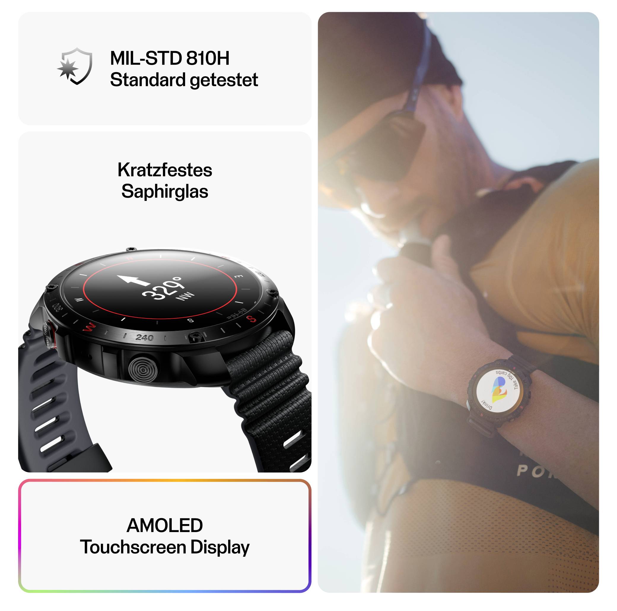 Eine Smartwatch mit 'AMOLED-Touchscreen-Display', die '20° C' anzeigt, entwickelt für Langlebigkeit ('nach MIL-STD 810H Standard getestet'), getragen von einer Person im Freien.