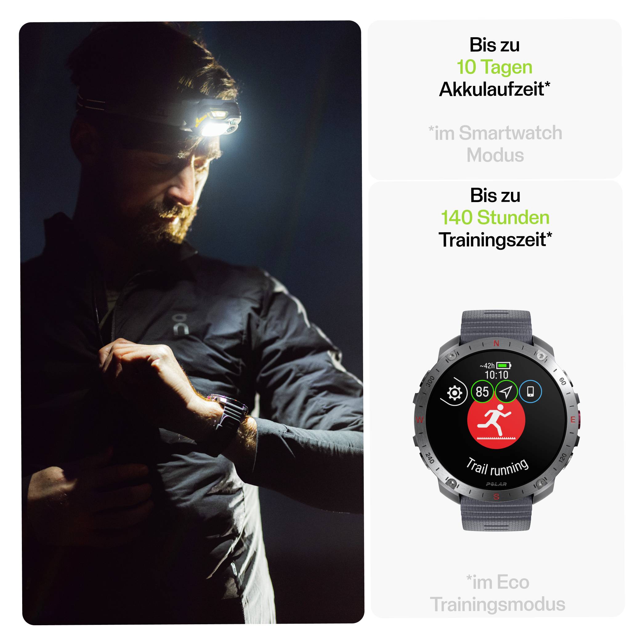 Athlet passt Jacke an, trägt Stirnlampe, mit Smartwatch-Display. Text: 'Bis zu 10 Tagen Akkulaufzeit', 'Bis zu 140 Stunden Trainingszeit'.