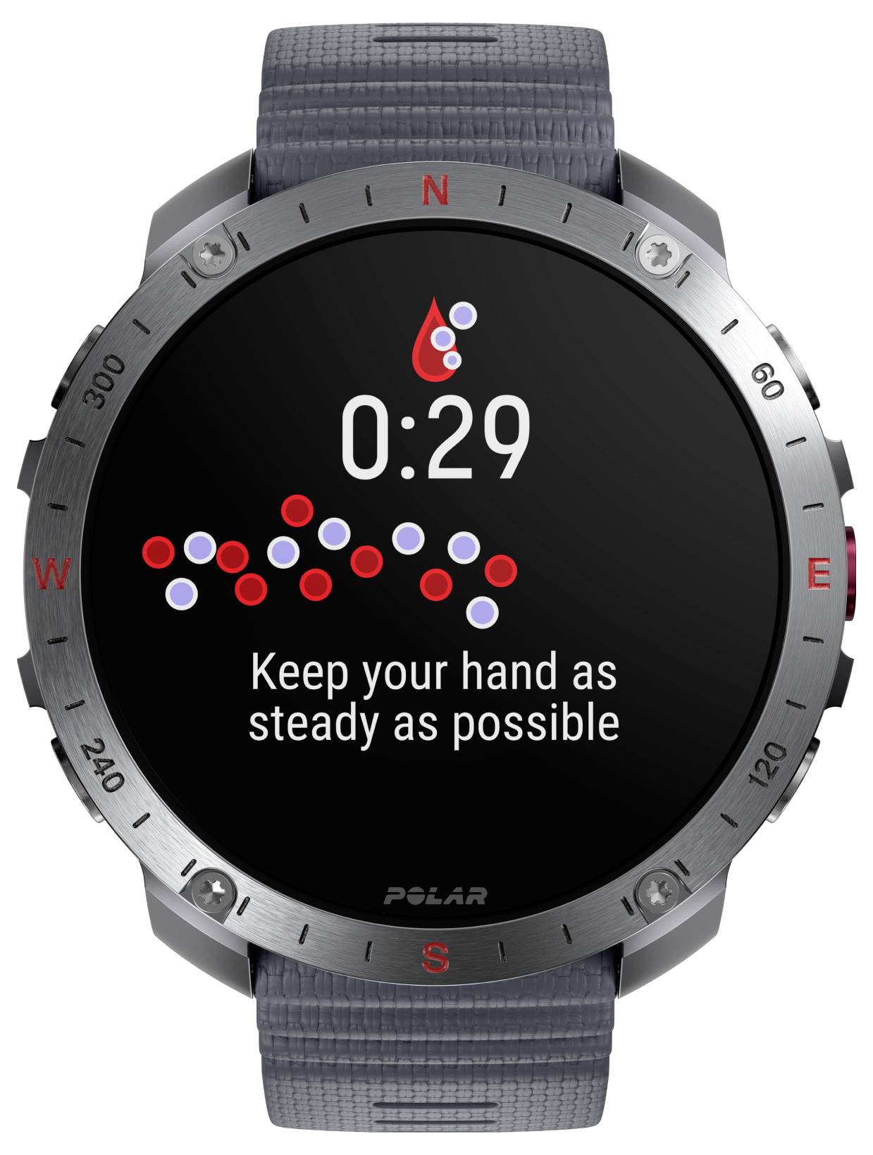 Display einer Smartwatch, die einen Test zur Prüfung der Handfestigkeit mit einem Timer bei 29 Sekunden zeigt. Rote und weiße Punkte kennzeichnen die Balance-Messung.