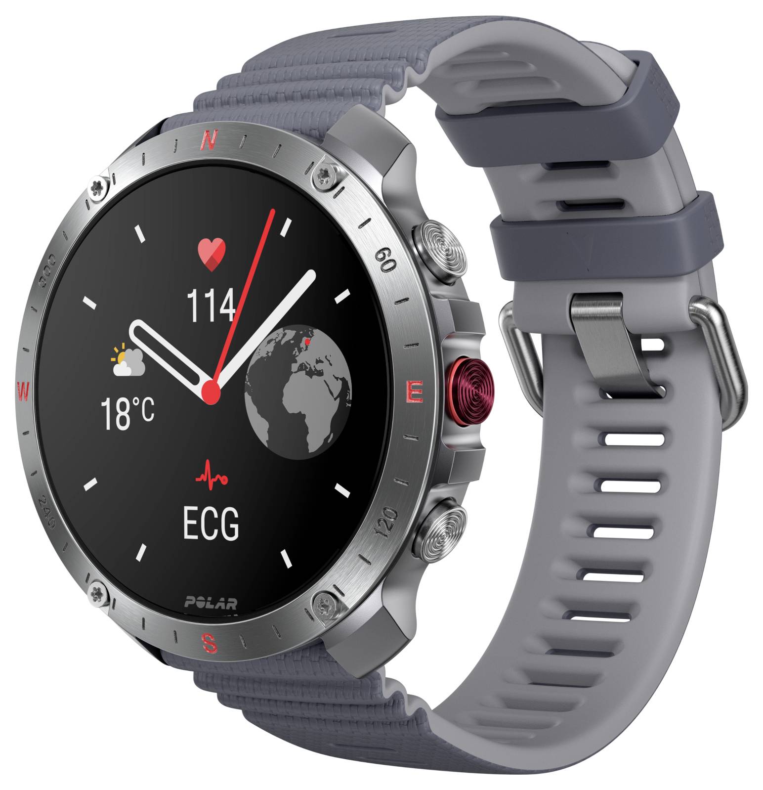 Eine Smartwatch mit rundem Display zeigt Gesundheitsmetriken einschließlich Herzfrequenz, EKG und Temperatur sowie eine Weltkarte und einen Navigationskompass.