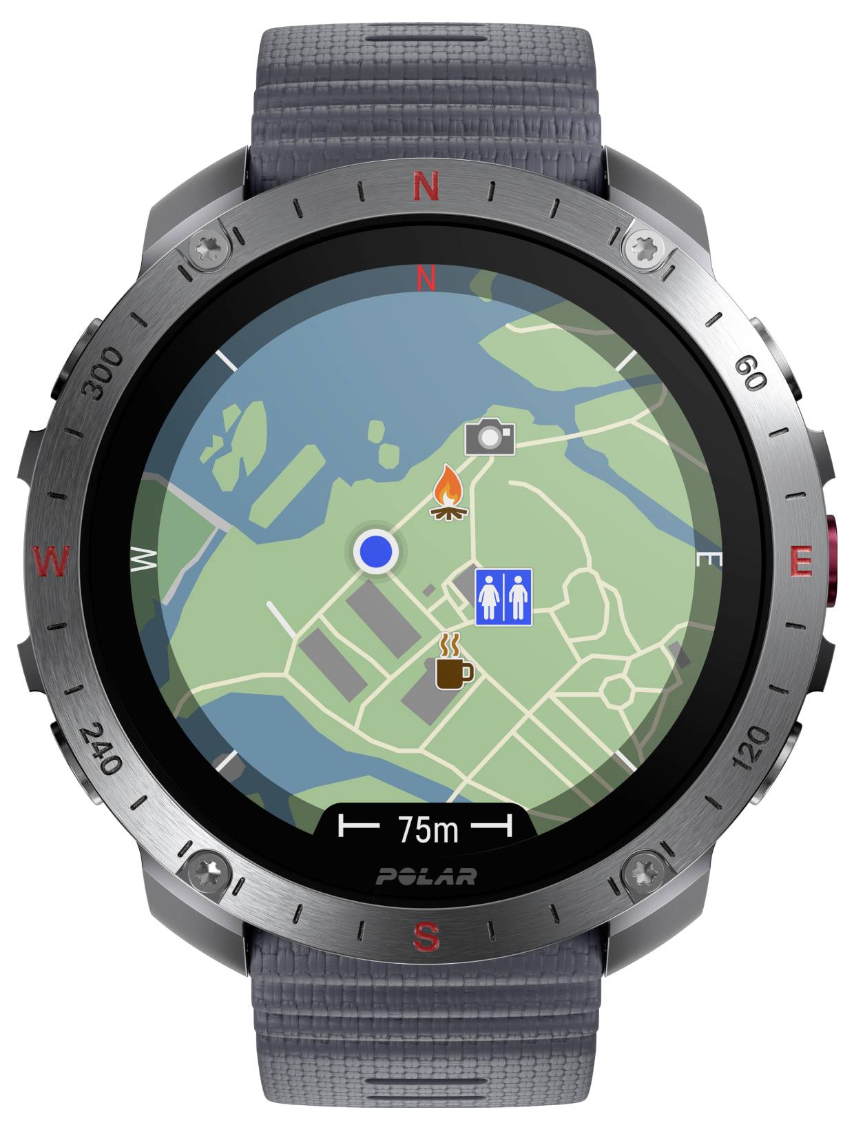 Smartwatch, die eine Karte mit einem Standortmarker, Feuer- und Kaffee-Symbolen, einem WC-Symbol und Richtungsmessungen zeigt.