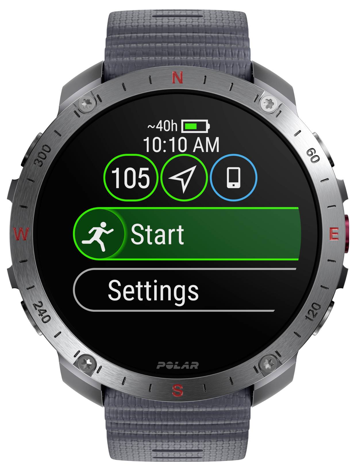 Sportuhr-Display zeigt 105 Herzfrequenz, 10:10 Uhr, GPS-Signal, Batterieladung sowie Optionen für Start und Einstellungen.