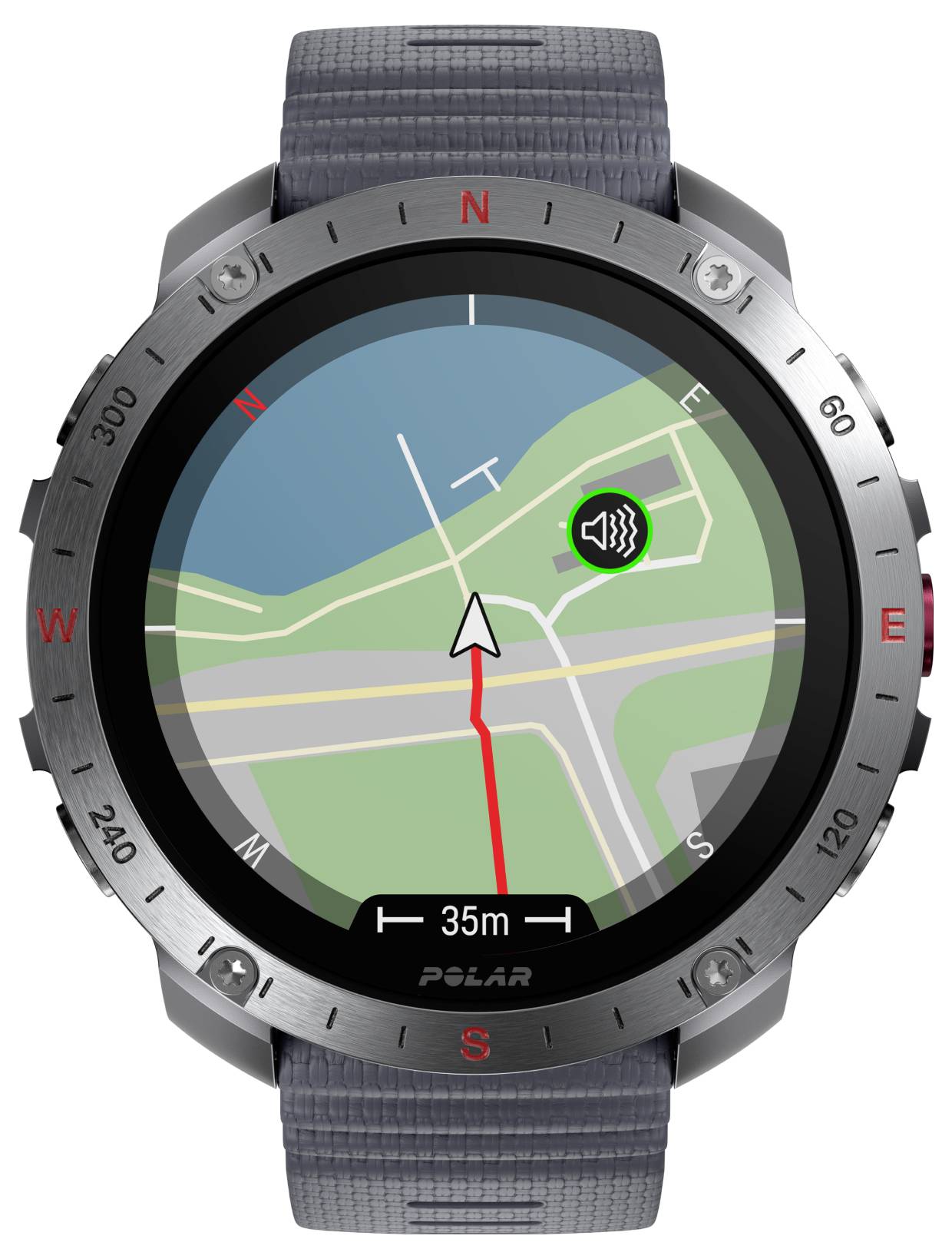 Smartwatch mit einer Karte, auf der eine Navigationsroute angezeigt wird, ein Pfeil, der nach Norden zeigt, und ein Entfernungsanzeiger von '35m', die Kartendetails und einen Wegpunkt zeigt.