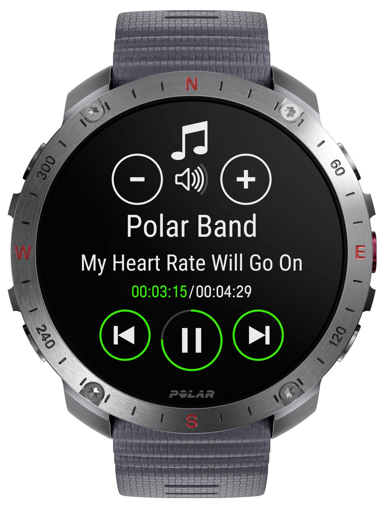 Smartwatch-Bildschirm, der ‚My Heart Rate Will Go On' von Polar Band abspielt. Anzeige zeigt Spielzeit 00:03:15/00:04:29, mit Wiedergabesteuerung.