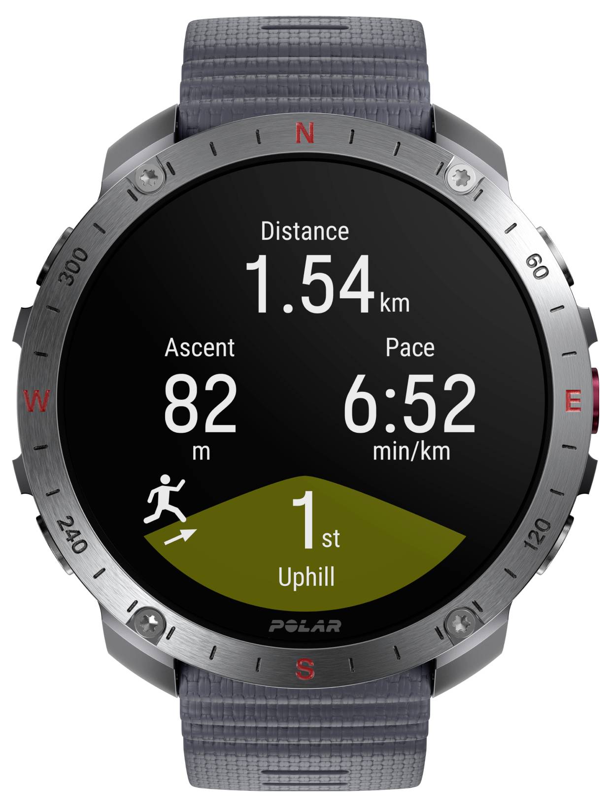 Smartwatch zeigt Daten an: 'Distanz 1,54 km', 'Tempo 6:52 min/km', 'Aufstieg 82 m'. Zeigt '1. Steigung' mit einem Lauficon.