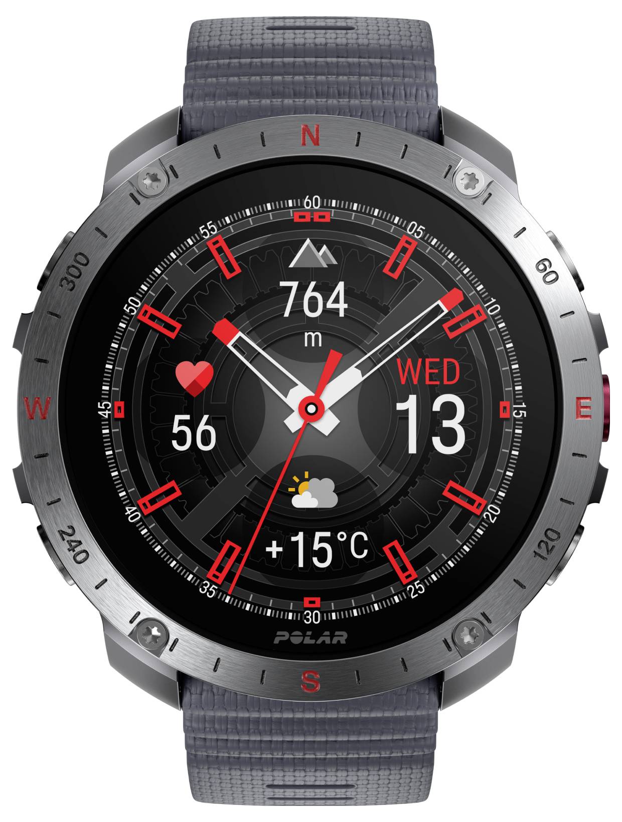 Smartwatch zeigt Höhe '764 m', Herzfrequenz '56', Datum 'Mi 13', und Wetter '+15°C'. Graues Armband mit roten Akzenten.