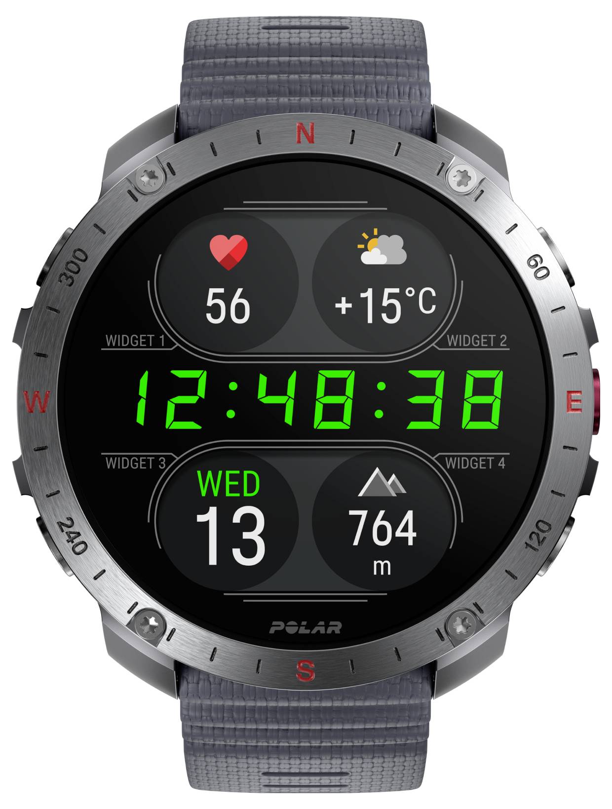 Display einer Smartwatch mit Uhrzeit 12:48:38, Datum Mittwoch 13., Herzfrequenz 56 bpm, Temperatur 15°C, Höhe 764 Meter.
