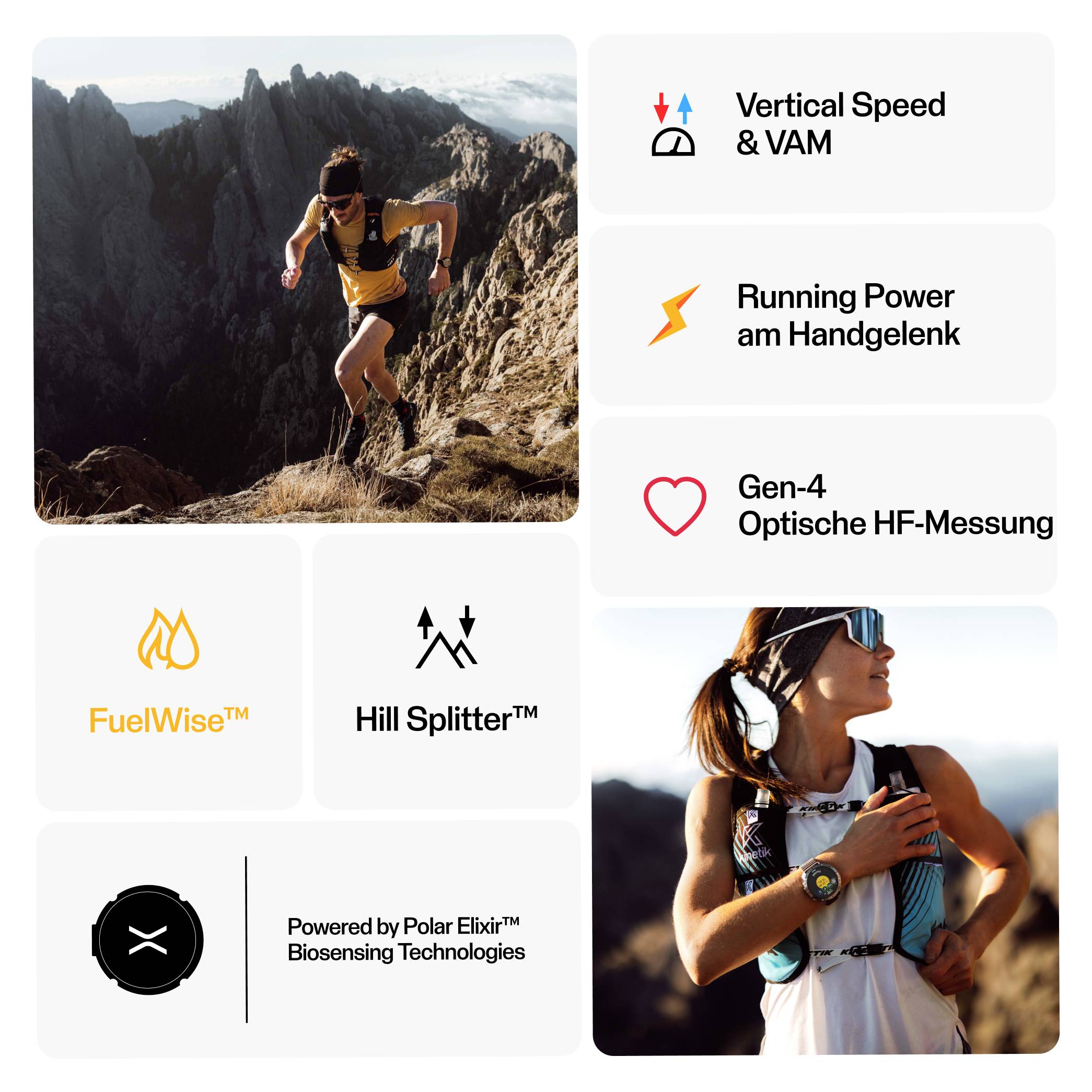 Eine Frau, die in einer bergigen Landschaft läuft und eine Smartwatch trägt. Icons und Text heben Funktionen hervor: vertikale Geschwindigkeit, Laufleistung, Herzfrequenzüberwachung, Energiemanagement, Berganalyse und biosensorische Technologie.