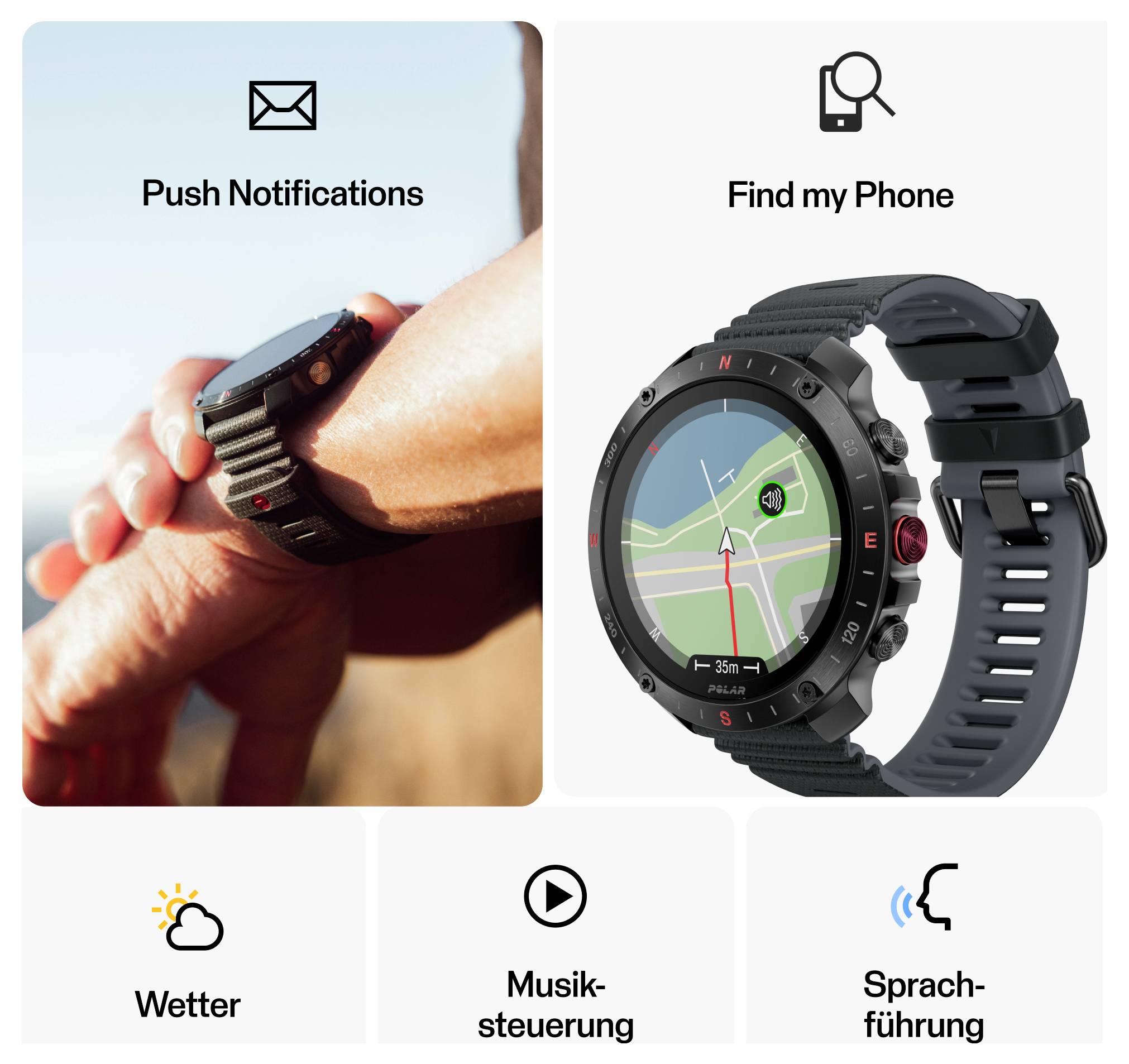 Smartwatch-Schnittstelle mit Push-Benachrichtigungen, Handy-Ortungsfunktion, Wettervorhersage, Musiksteuerung und Sprachbefehl-Optionen.