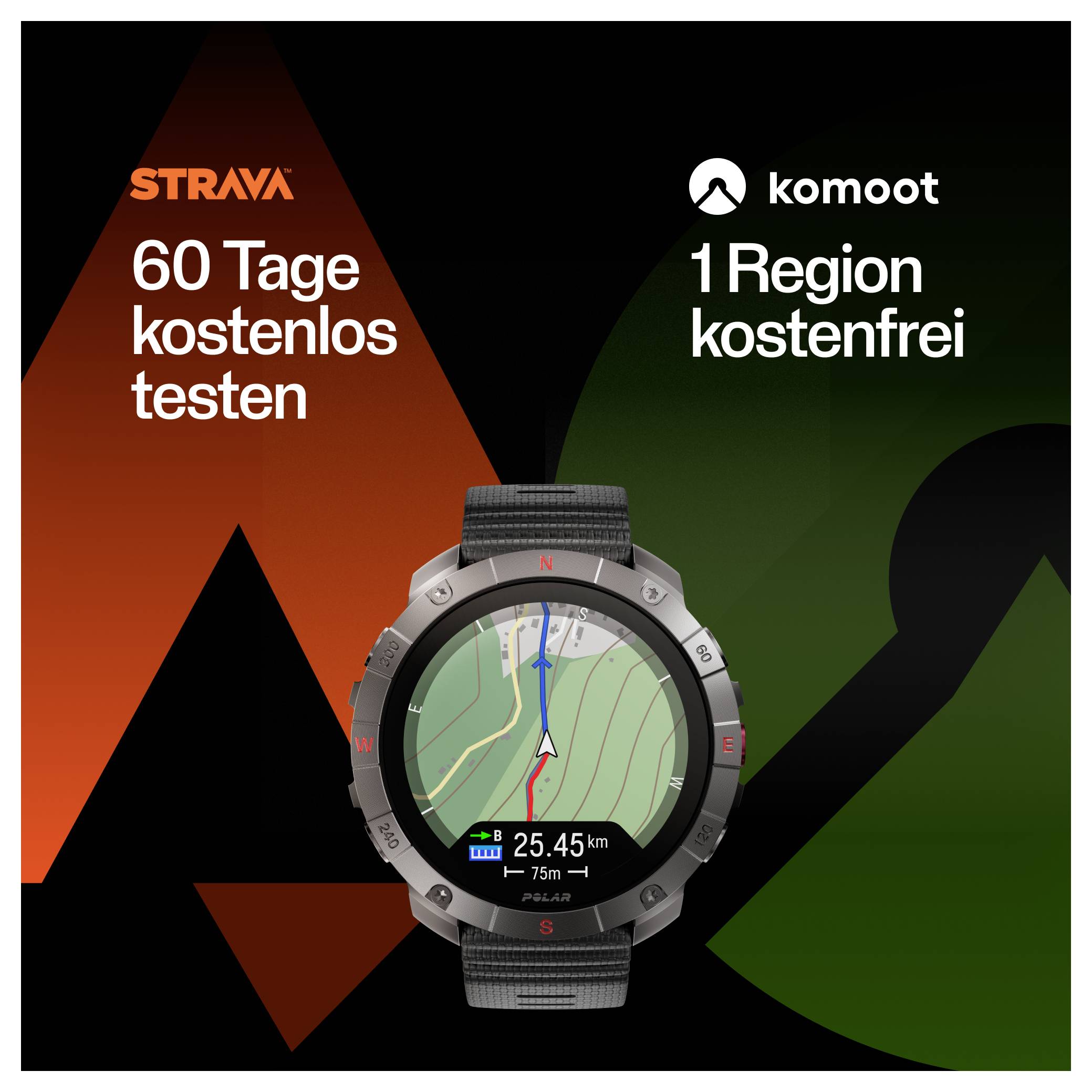 Werbeanzeige mit einer Smartwatch, die eine Karte mit einer Route zeigt. Text: 60 Tage kostenlos testen, 1 Region kostenfrei, Strava, komoot.