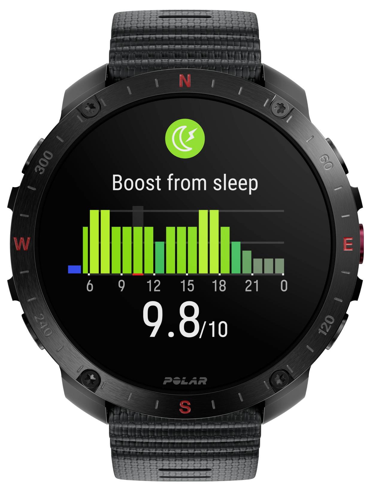 Smartwatch-Bildschirm zeigt 'Leistungssteigerung aus dem Schlaf' mit einem Balkendiagramm, das die Aktivitätsstufen pro Stunde anzeigt, und einer Bewertung von 9,8/10.
