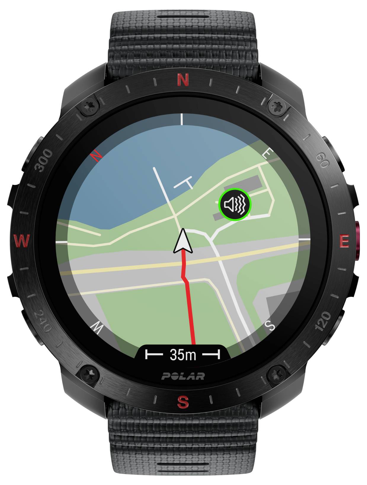 Smartwatch mit einer Karte, auf der eine rote Routenlinie, ein Pfeil zur Richtungsanzeige und eine Distanz von 35 m zu einem nahe gelegenen Wegpunkt-Symbol dargestellt wird.