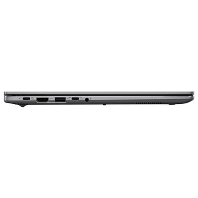 Seitenansicht eines geschlossenen Laptops mit verschiedenen Anschlüssen: HDMI, USB, Ethernet und Kopfhörerbuchse, die Konnektivitätsoptionen veranschaulicht.