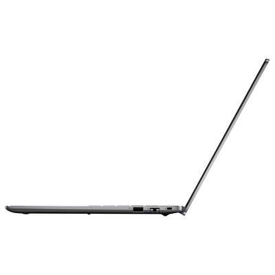 Ein schlanker, moderner Laptop, von der Seite betrachtet, mit geöffnetem Deckel, der seine dünne Silhouette und minimalistisches Design zur Geltung bringt.
