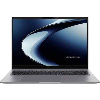 Schlanker Laptop mit einem Bildschirm mit schmaler Blende, der ein blaues abstraktes Design zeigt, mit der Beschriftung 'Asus ExpertBook' in der unteren rechten Ecke.