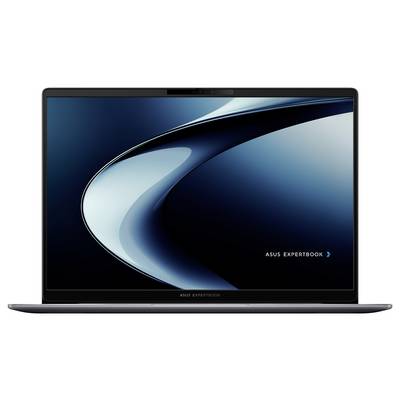 Frontansicht eines Asus ExpertBook Laptops mit elegantem metallischem Finish und geöffnetem Bildschirm, der einen abstrakten blau-schwarzen Hintergrund zeigt.