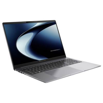 Ein schlanker silberner Laptop, der eine moderne, abstrakte Tapete auf seinem Bildschirm zeigt. Das Logo 'ASUS EXPERTBOOK' erscheint in der rechten Ecke.