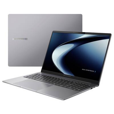 Ein schlankes, offenes ASUS ExpertBook Laptop mit einer blauen abstrakten Grafik auf dem Bildschirm, mit einer Ansicht von außen, die sein schlankes Profil zeigt.