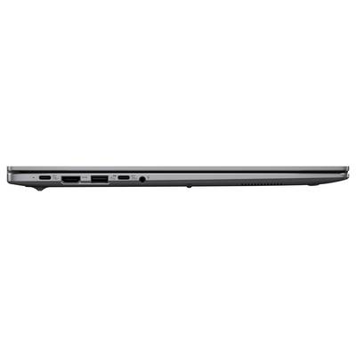 Seitenansicht eines geschlossenen Laptops, der mehrere Anschlüsse wie Ethernet, HDMI, USB und Audioausgang zeigt.