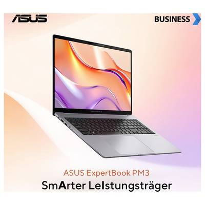 ASUS ExpertBook PM3 Laptop auf einem Verlaufshintergrund. Hervorgehobener Text: 'SmArter Leistungsträger'. ASUS- und Business-Logos sind vorhanden.