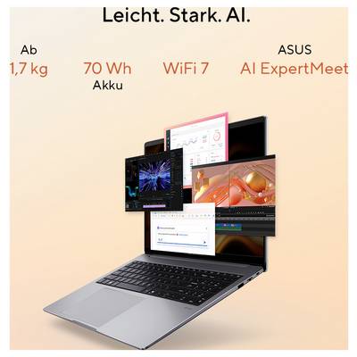 Ein offener Laptop mit mehreren angezeigten Fenstern und Technologiespezifikationen: 'Ab 1,7 kg', '70 Wh Akku', 'WiFi 7', 'ASUS AI ExpertMeet'.