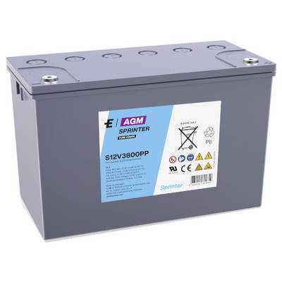 Ein rechteckiger AGM-Akku mit der Beschriftung 'Sprinter S12V3800PP' und Sicherheits- sowie Recycling-Symbolen auf der Vorderseite.