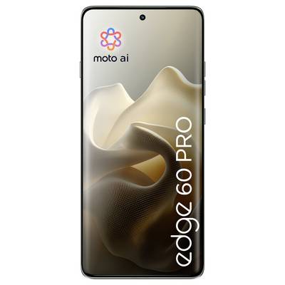 Smartphone mit der Anzeige "edge 60 PRO" und dem "moto ai" Logo auf dem Bildschirm, mit einem minimalistischen, wellengemusterten Hintergrund.