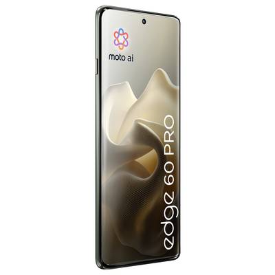 Smartphone mit „moto ai"-Logo, gekrümmtem Display und geprägtem Text „edge 60 PRO". Der Hintergrund zeigt ein strukturiertes Stoffdesign.