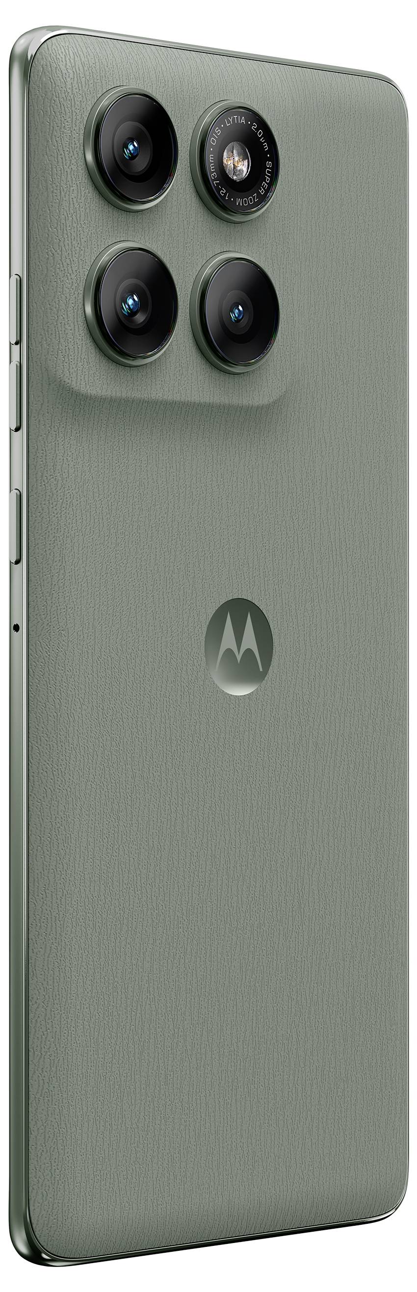 Smartphone-Werbung, Rückseite und Seitenansicht eines Telefons von Motorola in verschiedenen Farben. Text: 'Eine Klasse für sich' und 'Quad-Curve'.