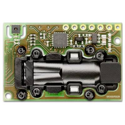 Elektronische Leiterplatte mit einer zentralen schwarzen Komponente, mehreren kleinen Chips und verschiedenen Anschlüssen. Das Wort 'SENSIRION' ist sichtbar.