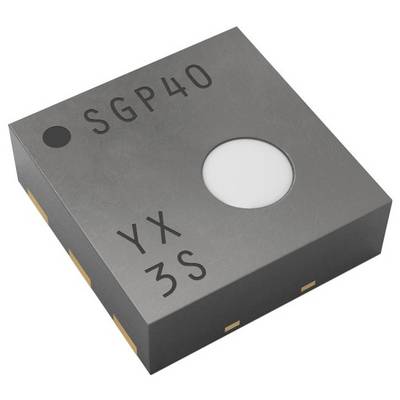 'SGP40 YX 3S' ist auf einem kleinen, quadratischen elektronischen Sensor gedruckt, der eine runde weiße Komponente in der Mitte und metallische Kanten besitzt.