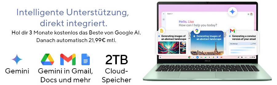 Ein Laptop, der Gemini AI-Funktionen zeigt: "Hallo, Lisa. Wie kann ich Ihnen heute helfen?" Angebote beinhalten 3 Monate kostenlos, 2 TB Cloud-Speicher.