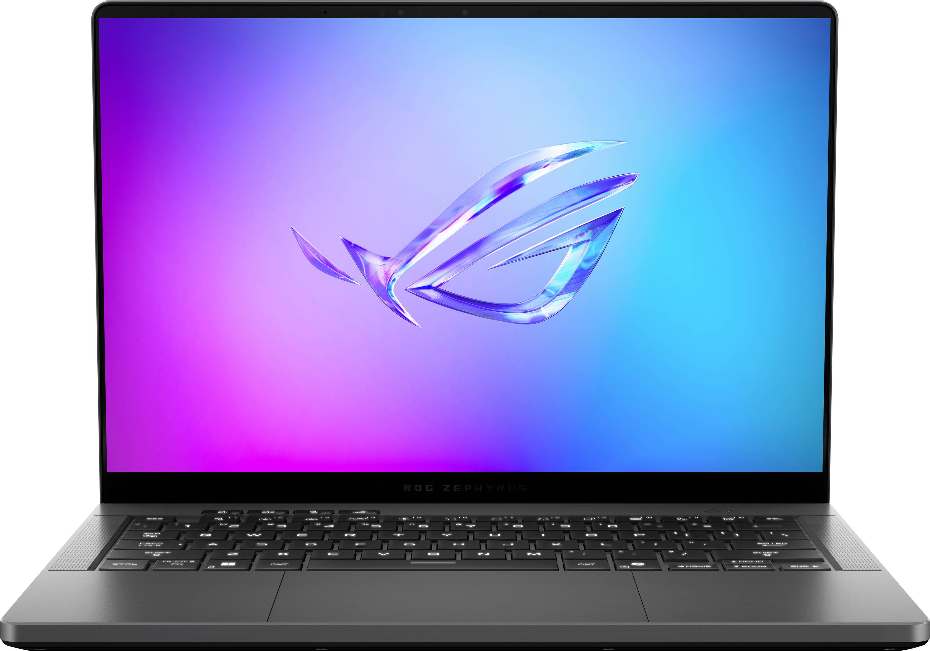 Ein schlankes Laptop mit einem lebhaften Blau- und Pink-Verlaufsdisplay, auf dem ein stilisiertes 'ROG' Logo prangt, in einem modernen, minimalistischen Design.