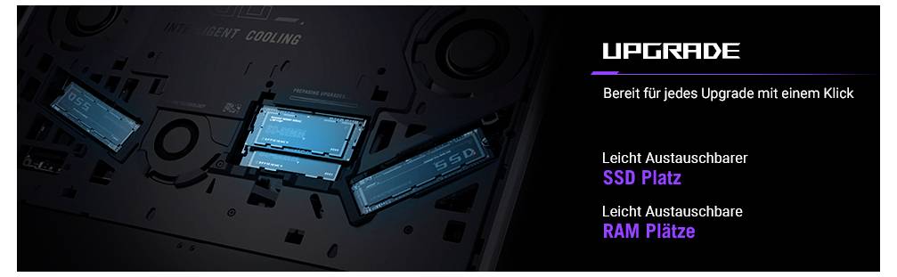 Computerinneres mit hervorgehobenen Steckplätzen, die mit 'SSD Platz' und 'RAM Plätze' beschriftet sind. Text an der Seite liest sich: 'Upgrade - Bereit für jedes Upgrade mit einem Klick'.