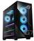Ein schwarzer Gaming-PC-Tower mit einer transparenten Seitenscheibe, die leuchtend blaue Lüfter und interne Komponenten zeigt.