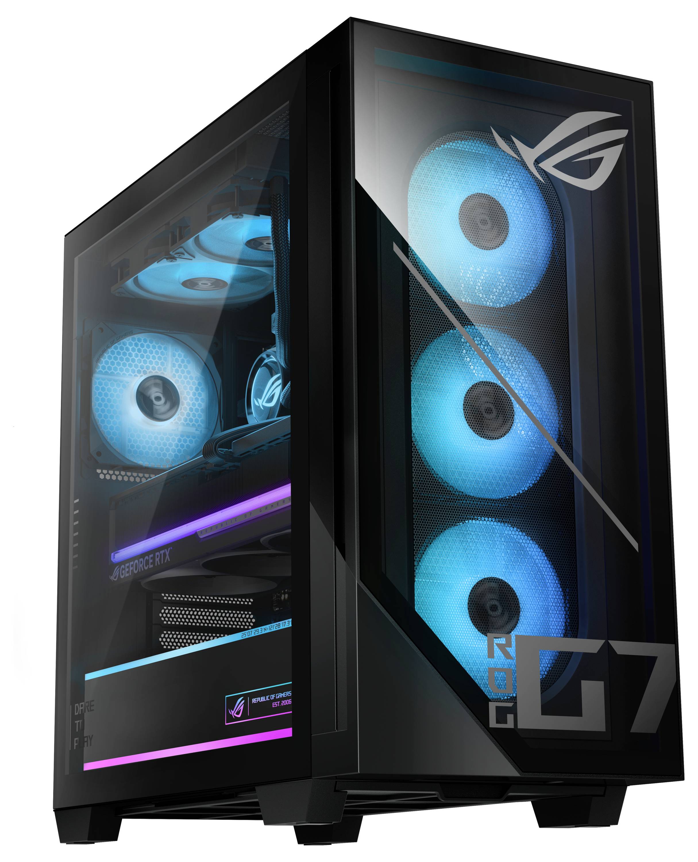 Ein schlanker Gaming-Desktop-PC mit transparenter Seitenscheibe, der glühende blaue Lüfter und RGB-Beleuchtung im Inneren zeigt, markiert mit 'ROG G7'.