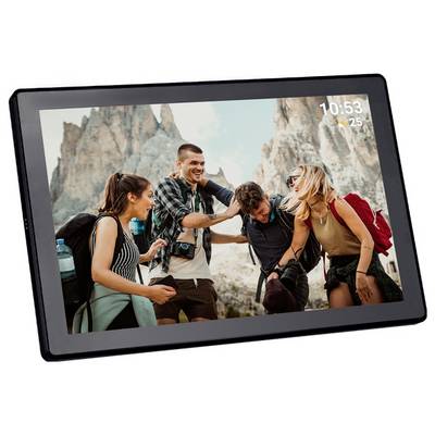 Eine Gruppe von vier Freunden, die lachen und wandern, mit malerischen Bergen im Hintergrund. Die Zeit auf dem Tablet zeigt 10:53 Uhr, die Temperatur 25°C.