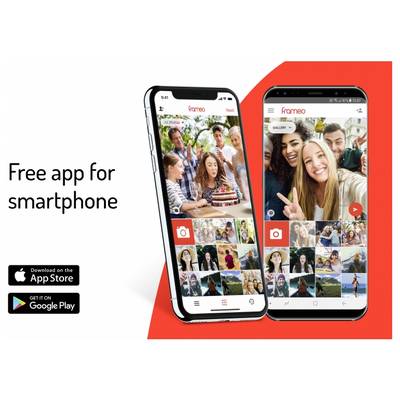 'Frameo' App auf zwei Smartphones mit Fotos und Kamera-Symbol angezeigt. Text: 'Kostenlose App für Smartphones.' Logos für App Store und Google Play.