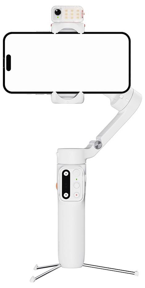 Ein faltbarer Gimbal-Stabilisator, der ein Smartphone hält und mit einer externen Anklipp-Leuchte ausgestattet ist, konzipiert für ruhige Videoaufnahmen.
