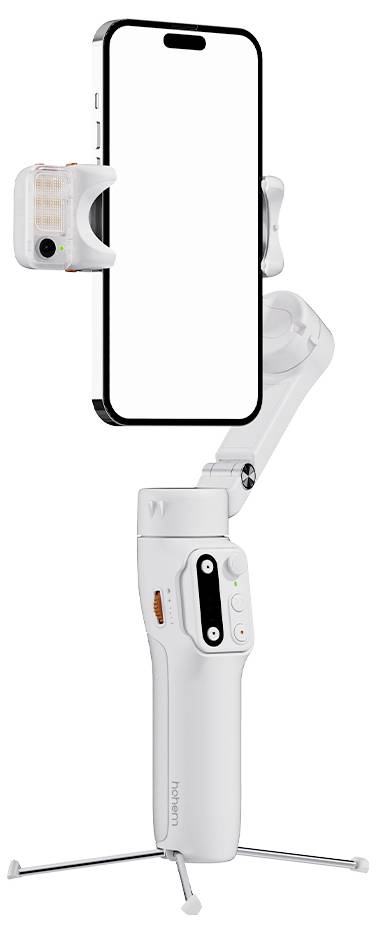 Ein weißer Smartphone-Stabilisator mit Dreibeinständer hält ein Handy vertikal. Das Gerät verfügt über verschiedene Bedienungstasten und einen ausgefahrenen Arm.