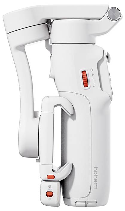 Ein weißes, tragbares Gimbal-Gerät mit orangen und grauen Tasten, entwickelt zur Stabilisierung von Kameras oder Smartphones während der Videoaufnahme.