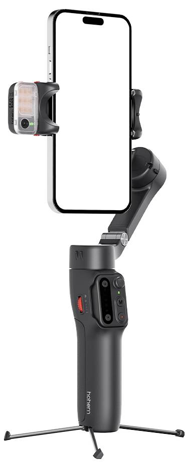 Smartphone auf einem schwarzen Handstabilisator mit ausgefahrenen Stativbeinen, verwendet für stabile Videoaufnahmen.