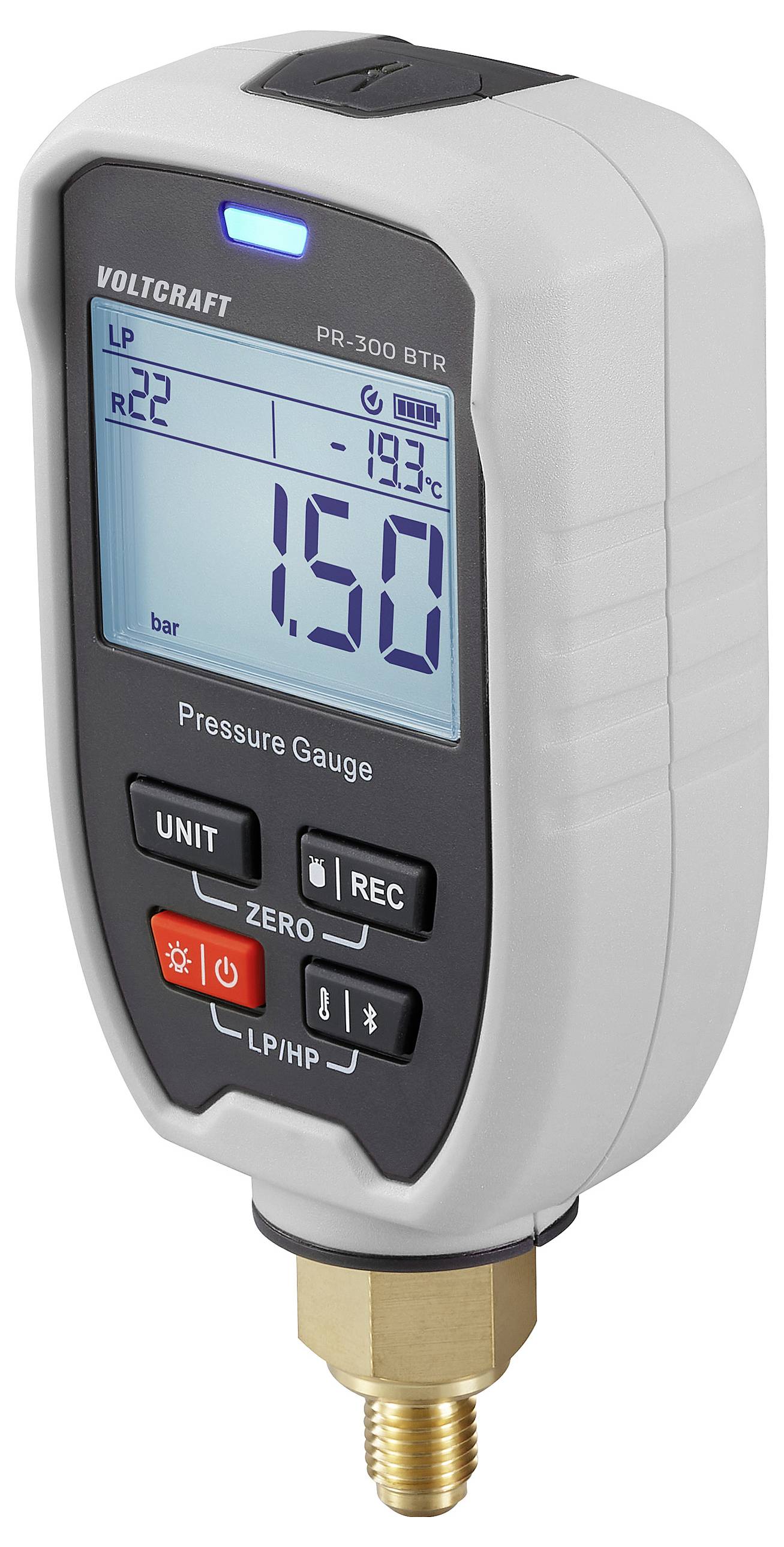 Druckmessgerät mit digitaler Anzeige zeigt „1,50 bar" an, gekennzeichnet mit „VOLTCRAFT PR-300 BTR", mit Tasten für Einheit, Nullpunkt, Aufzeichnungsfunktionen.