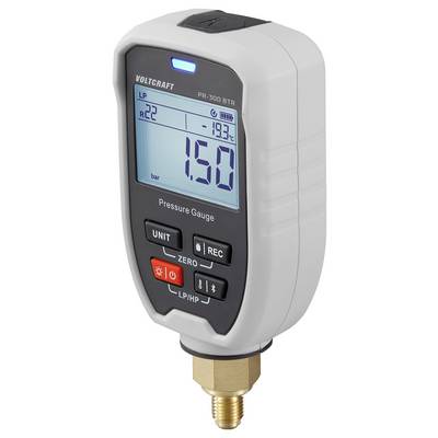 Druckmessgerät mit digitaler Anzeige zeigt „1,50 bar" an, gekennzeichnet mit „VOLTCRAFT PR-300 BTR", mit Tasten für Einheit, Nullpunkt, Aufzeichnungsfunktionen.