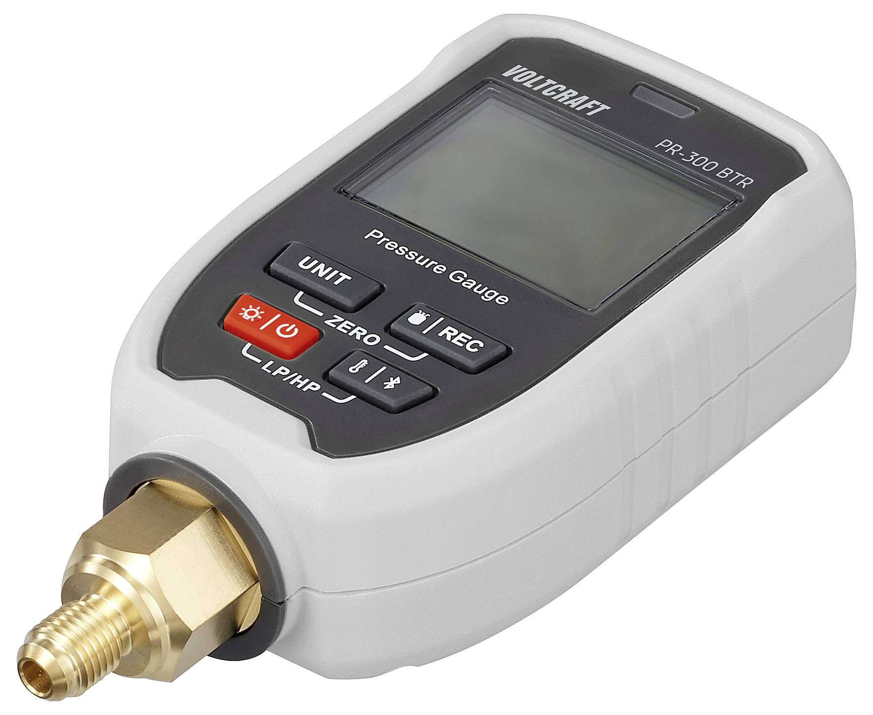 Digitales Druckmanometer mit Display und Tasten mit der Beschriftung „Unit", „Zero", „Rec" sowie angebrachter Messingdüse für Messungen.