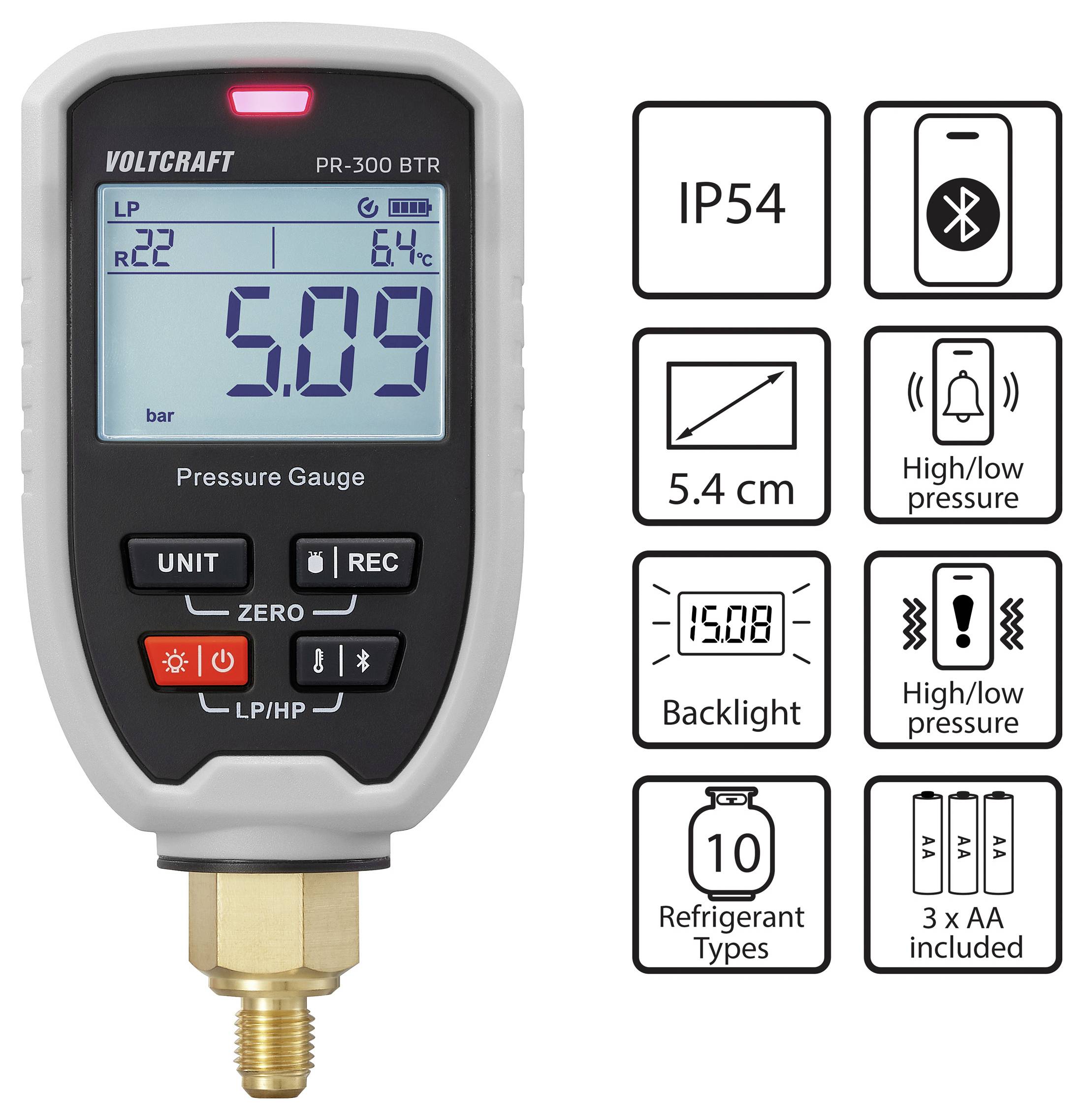Digitales Druckmanometer mit Anzeige '5,09 bar', IP54-Schutzart, 5,4 cm Größe, Hintergrundbeleuchtung und Kompatibilität mit 10 Kältemitteltypen.
